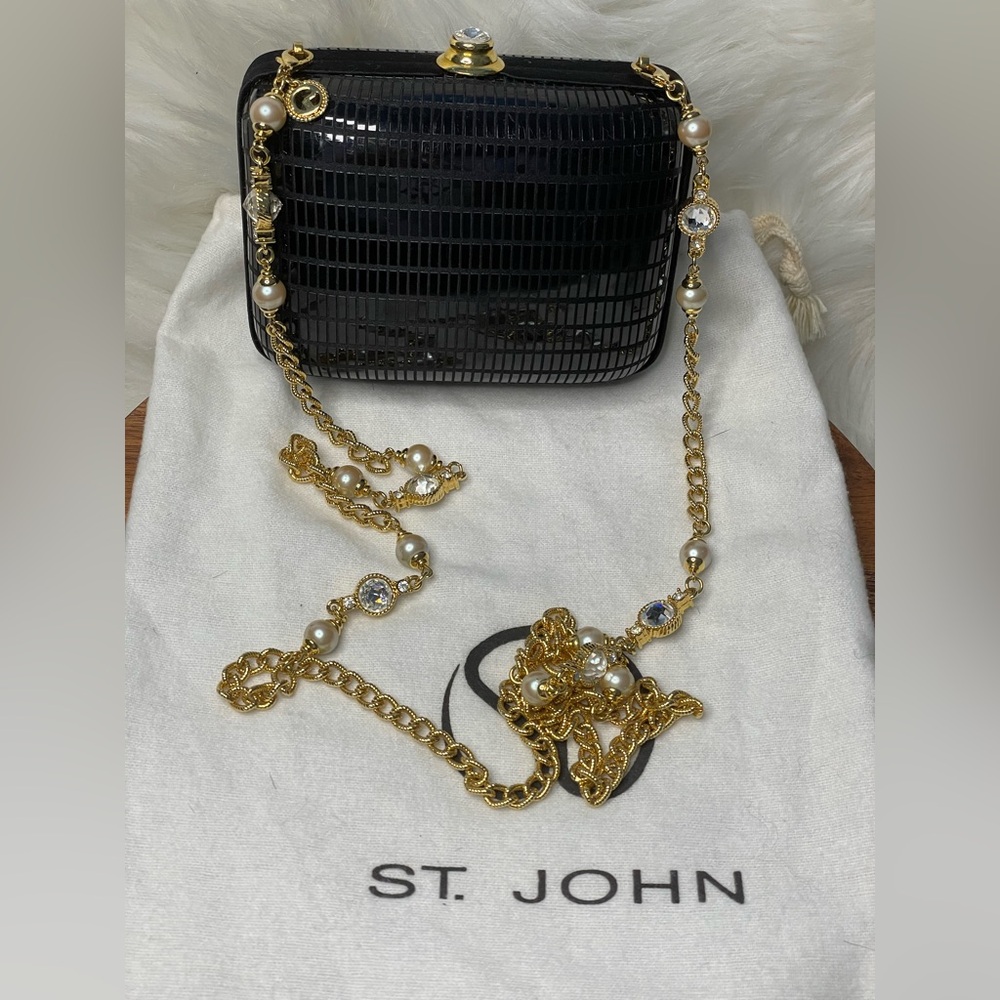 ST. JOHN Black Evening Bag w/Gold Tone, Pearl, & Crystal Shoulder Strap